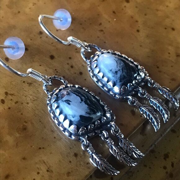 Natural White Buffalo Sterling Silver Feather Earrings - Picture 3 of 6